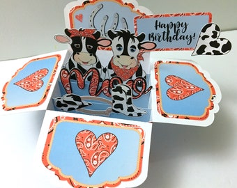 Happy Birthday Cow Pop Up Card , Blank inside , 3D , Hearts , Spouse , Farm , Life , Cowboy , Star , Moo
