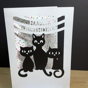 Carte de joyeux anniversaire chat, paillettes, confettis, chatons, fête, ami, famille
