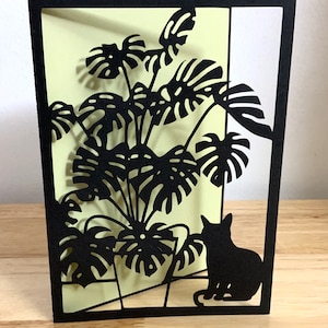 Chat avec Monstera House Plant Card , Blank , Green , Life , Friend , Family , Cat lovers , Blank inside