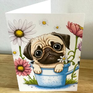 Carte pour bébé chiot carlin , Intérieur vierge , Imprimé , Fleurs , Floral , Grands yeux , Fourrure , Animal , Animal de compagnie