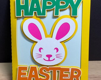 Happy Easter Card , Bunny , Rabbit , Kids, Holiday , Spring , Pink , green, Orange , Yellow