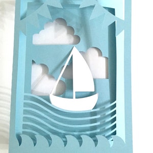 Sailing Accordion Card , Blank inside , Boat , Water , Sea , Waves , Family , Friends , Sky , Clouds