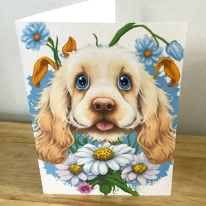 Cocker Spaniel Dog Card , Imprimé , Vierge à l’intérieur , Fourrure Bébé , Animaux de compagnie , Animaux , Fleur , Floral. , aboyer, courir, jouer