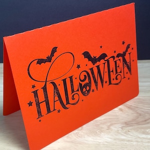 Carte d'Halloween, orange, chauves-souris, étoiles, tête de mort, des bonbons ou un sort, bonbon, nuit, effrayant