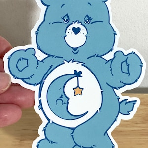 Grand autocollant CareBear en vinyle, ours au coucher, lune, étoile, bleu, enfant, livre pour bébé, amour, cœur