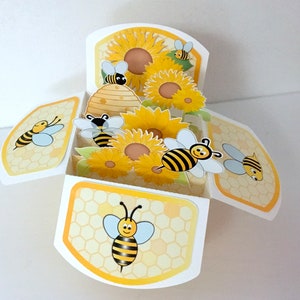 Sweet Bumble Bee Pop Up Card , 3D , Tournesols , Ruche , Fleurs , Jardin , Jaune , Amis , Famille