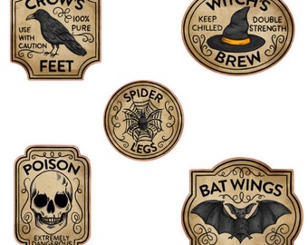 Halloween Bottle Label Stickers Set of 5  , Spider , Poison , Witch , Bats , Crow , Party , Decor , Fangs