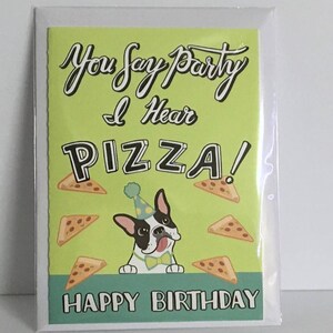 Carte de joyeux anniversaire bouledogue français , Intérieur vierge , Pizza , Enfants , Ados , Adultes , Fun , Fête , Ballons