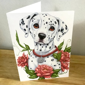 Carte de chien dalmatien, vierge à l’intérieur, imprimée, fleurs, rouge, tacheté, animal de compagnie, meilleur ami, écorce