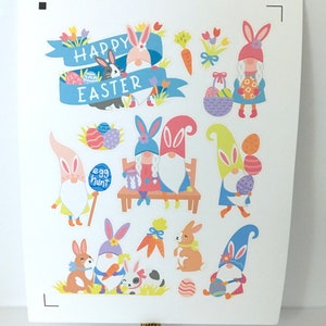 Joyeuses Pâques Gnome Stickers , Oeufs , Chasse , Printemps , Carottes , Lapin , Lapin , Enfants , Cadeau , Fleurs , Artisanat , Scrapbooking