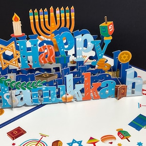 Carte pop-up Happy Hanukkah , Fête des lumières , Dreidel , Étoile , Tradition , Menorah