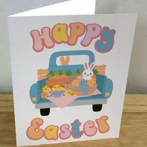 Carte de Joyeuses Pâques, Vierge à l'intérieur, Imprimée, Camion, Poussin, Lapin, Lapin, Oeufs, Carottes, Vacances, Fleurs, Printemps, Famille, Cadeaux