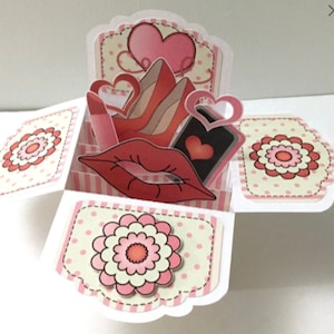 Carte pop-up Saint-Valentin, amour, cœurs, lèvres, rouge à lèvres, rouge, rose, téléphone, femme, conjoint