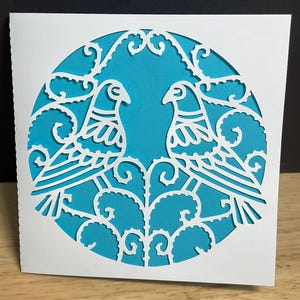 Carte oiseau deux tourterelles, bleu, blanc, paire, ami, famille, amour, vacances, hiver