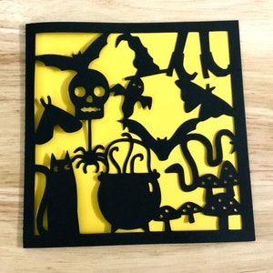 Carte d'objets d'Halloween, intérieur vierge, tête de mort, chat noir, chauves-souris, fantôme, mite, terrifiant, effrayant, effrayant