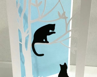 Cat in Tree Card , Blank inside , Nature , Field , Silhouette , Peaceful , Kitten , Pet , Animal , Family , Friend