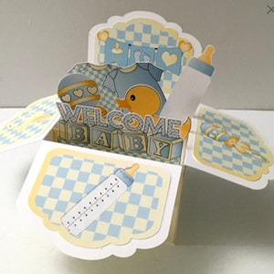 Carte de bienvenue de bébé garçon , Vierge , 3D , Canard , Vierge , Imprimée , Biberon , Combinaison , Hochet , Tétine , Banderole , Blocs