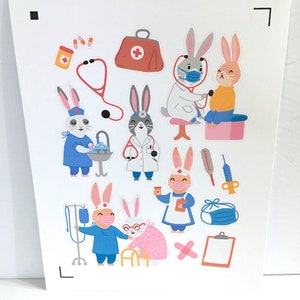 Infirmière et docteur Bunny Stickers , Enfants , Adultes , Artisanat , Scrapbooking , Hôpital , Médical , Cadeau , Get Well Soon