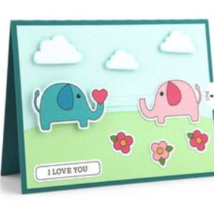 Carte de visite Elephants in Love , Imprimé , Intérieur vierge , Cœurs , Fleurs , Nuages , Points pop , Adultes , Enfants