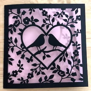 Carte de mariage Love Birds, fleurs, nature, élégant, rose, noir, marié, mariée, cœur