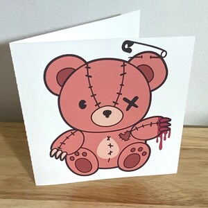 Killer Teddy Bear Card , Imprimé , Vierge , Sang , Un œil , Points de suture , Moyenne , Mal , Coeur