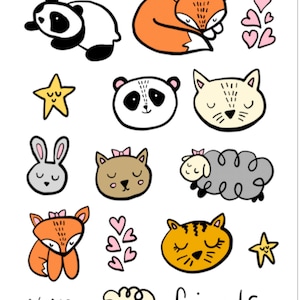 Autocollants animaux dessinés à la main, renard, chat, mouton, panda, lapin, étoiles, coeurs, amour, enfants, cadeau