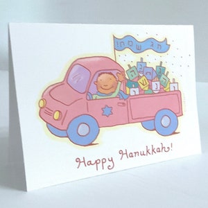 Carte Happy Hanukkah Truck , Intérieur vierge , Imprimé , Dreidel , Menorah , Célébration , Lumière , Bougies , Merveilles , Miracles , Famille