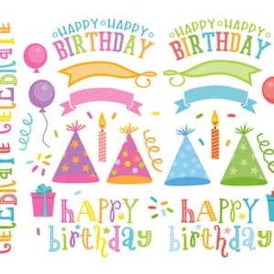 Autocollants joyeux anniversaire, chapeau de fête, gâteau, bougies, ballons, cadeau, confettis