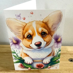 Carte pour chien corgi , intérieur vierge , imprimé , flou , mignon , aboiement , court , petit , animal de compagnie , cadeau , fleurs