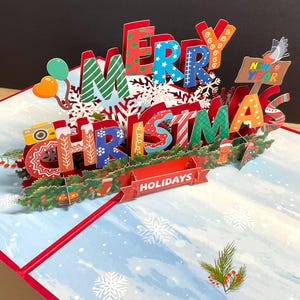 Carte Pop Up Joyeux Noël , Vacances , Hiver , Rouge , Étincelle , Paillettes , Neige , Festif