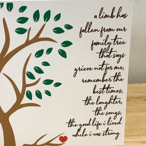 Carte d’arbre de deuil familial, imprimée, vierge à l’intérieur, amour, cœur, perte, triste, cœur brisé