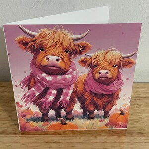 Carte Vache d'automne, citrouille, automne, écharpe, feuilles, amis, rose, cornes, bonjour, imprimé