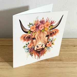 Highland Cow Spring Card , Imprimé , Vierge à l’intérieur , Fleurs , Feuilles , Plante , Jardin , Belle