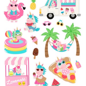 May include: A set of 10 colorful stickers featuring unicorns enjoying summer activities. The stickers include unicorns on a flamingo float, eating watermelon, in a pool, in a hammock, at a lemonade stand, eating ice cream, and riding a pizza slice. The stickers are perfect for adding a touch of whimsy to your summer projects.