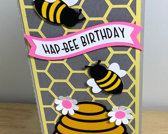 3 different banners Bee Card ,  Birthday , Bee Happy , Just Bee-Cause , Hive , Honey , Flowers