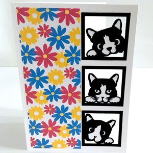 Cat Faces Card , Blank inside , Flower , Garden , Animal , Kitty , Kitten , Pet , Black , White , Pink , Yellow , Blue