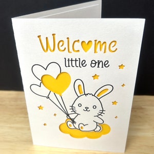 Carte de bienvenue , petit lapin , lapin , ballon , coeur , amour , nuages , étoiles , rêve