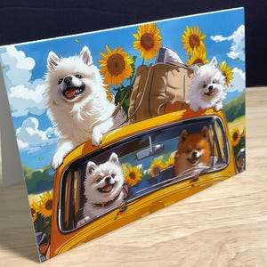 Carte Happy Travels pour chien, soleil, fleurs, voiture, balade, été, amis, copains, famille