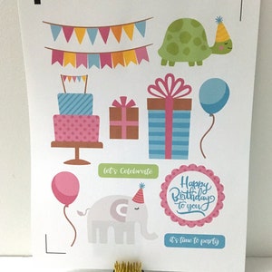 Autocollants joyeux anniversaire, tortue, éléphant, ballons, bannière, cadeaux, gâteau, enfants, fête, rappel, compte à rebours
