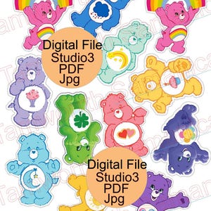 Juego de 12 adornos o pegatinas para cupcakes de CareBear DIGITAL, para niños, comida, fiestas, eventos, reuniones, bonitos, divertidos, para tartas, para animar.