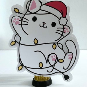 Carte de voeux chat de Noël , Vierge à l'intérieur , Imprimé , Lumières , Bonnet de noel , Mignonne , Festif , Vacances , Salutations