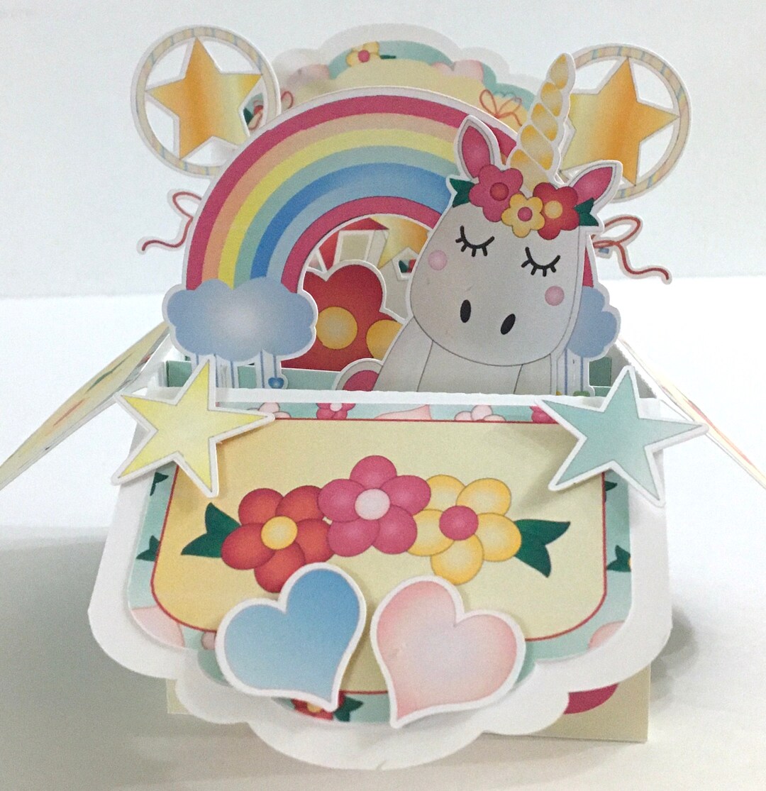 Unicorn Magic Pop up Box Card , Stars , Flowers , Rainbow , Hearts ...