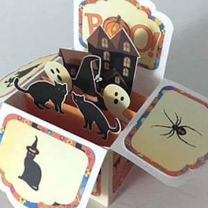 Carte pop-up Halloween, huée, 3D, araignée, fantôme, chat noir, citrouille, orange, jaune, effrayant