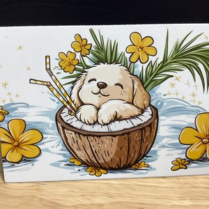 Carte pour chiot tropical à la noix de coco , Fleurs , Nouvel animal de compagnie , Famille , Ami , Mignonne , Doux