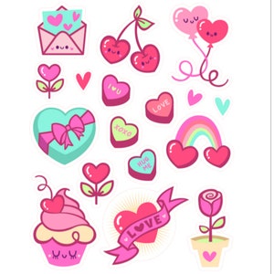 Autocollants mignons pour la Saint-Valentin, Enfants, Graphiques, Coeurs, Bonbons, Amour, Arc-en-ciel, Ballon, Cupcake, Bonbons