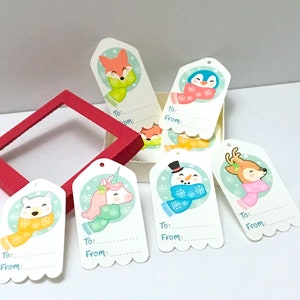 Winter Wonderland Animal Gift Tags , Vacances , Bonhomme de neige , Licorne , Ours polaire , Renard , Cerf , Pingouin
