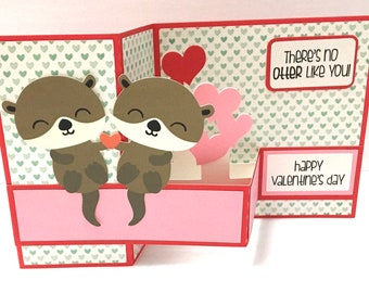 Love Otters Valentine's Day Card , Pop Up , 3D , Hearts , Perfect Pair , Pink , Red , Spouse , Partner , Wife , Husband