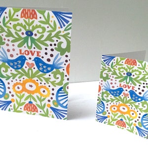 Carte Love Birds , Intérieur vierge , Imprimé , Feuilles , Fleurs , Jardin , Art populaire , Amour , Hommes , Femmes , Rouge , Cadeaux , Coeurs