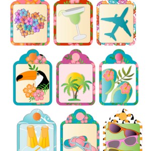 Étiquettes-cadeaux sur le thème d'Hawaï, lunettes de soleil, Toucan, plantes, soleil, cadeaux, avion, fleurs