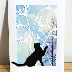 Carte de voeux chat , Intérieur vierge , Arbre , Fleurs , Papier découpé , Noir , Nature , animal de compagnie , Animal , salut , Bonjour , Tu me manques , Guérir bientôt